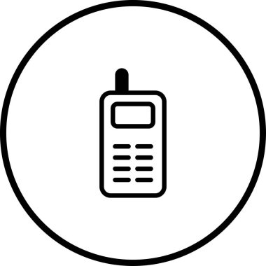 Siyah-beyaz minimalist bir simge daire içine gizlenmiş eski tarz bir cep telefonu tasvir ediyor. Klasik iletişim teknolojisini temsil ediyor..