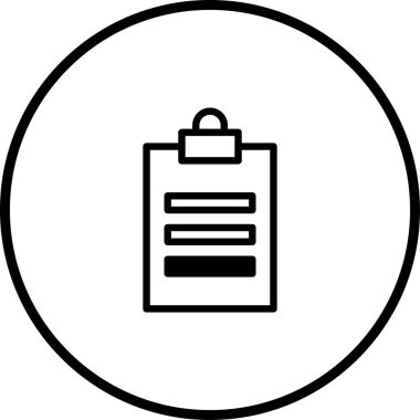 Bir çemberin içindeki bir panonun basit ve temiz siyah ve beyaz simgesi, görevleri, belgeleri veya bilgi yönetimini minimalist bir şekilde simgeler.