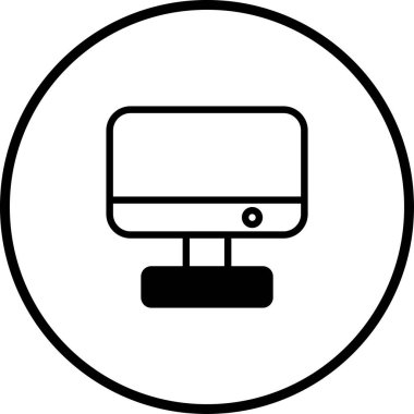 Bir bilgisayar monitörü ve duruşu tasvir eden minimalist bir simge, siyah ve beyaza boyanmış. Bu basit grafik teknolojiyi, iletişimi ve modern çalışma alanlarını sembolize ediyor..