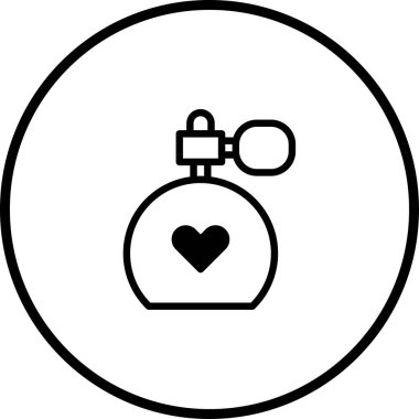 Bir parfüm şişesinin minimalist taslak simgesi, bir kalp ile süslenmiş, aşkı, güzelliği ve zarafeti sembolize eden. Kozmetik, tasarım veya romantik temalar için mükemmel..