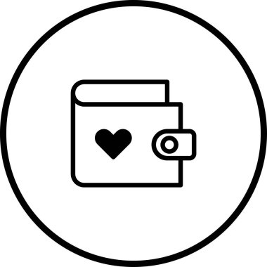 Bir cüzdanın minimalist siyah beyaz simgesi, finans, alışveriş veya ödemeyle ilgili kavramları temsil etmek için idealdir. İnce bir kalp detayı..