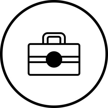 Bir daire içinde özetlenmiş bir evrak çantasının minimalist siyah-beyaz çizgisi çizimi profesyonelliği, ticareti ve seyahati sembolize ediyor..