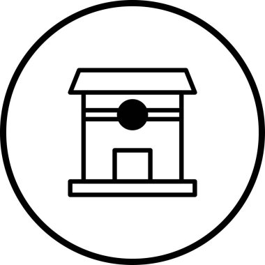 Bir minimalist ikon, Japon mirasını ve mimarisini temsil eden, koyu siyah bir çember içinde kurulu, temiz çizgiler ve basit bir yapıyla karakterize edilmiş geleneksel bir Japon binasını tasvir eder..