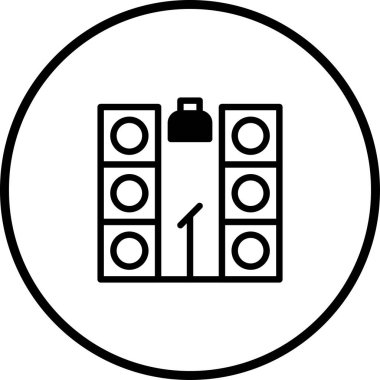 Müzik etkinlikleri veya ses teknolojisi çizimleri için uygun bir sahne kurulumu ve mikrofon tasvir eden minimalist bir simge.