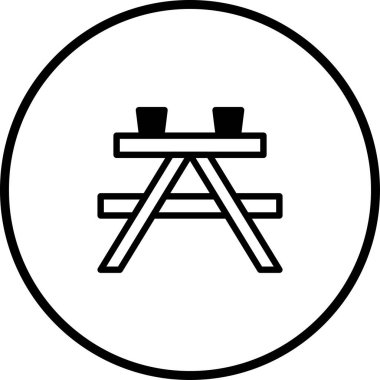 Gözlüklü bir piknik masasının basit ve minimalist bir simgesi, açık hava aktivitelerini, kamp yapmayı veya parkta veya bahçede boş vakit geçirmeyi temsil etmek için idealdir..