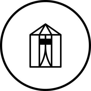 Bir minimalist vektör simgesi, logolar veya basit görsel iletişim için ideal, bir daire içinde kapalı soyut bir bina silueti sunar.