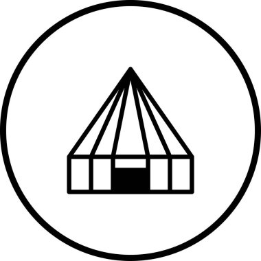 Dairesel çerçeve içindeki bir çadırın minimalist siyah beyaz çizimi, etkinlikleri, kampı veya açık hava aktivitelerini temsil etmek için idealdir..