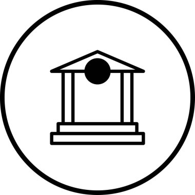 Bir minimalist vektör illüstrasyonu dairesel çerçeve içinde mimariyi, tarihi veya sembolik bir yapıyı temsil eden klasik bir bina tasvir eder..