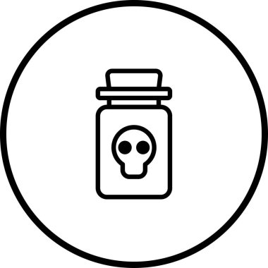 Kafatasıyla zehir şişesi bulunan minimalist siyah beyaz vektör ikonu. Tehlike ve zehirliliği temsil ediyor..