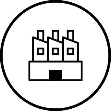 Bir fabrikanın minimalist ikonu, bir çember içinde özet olarak temsil edilir, endüstriyel üretimi, imalatı ve mimari tasarımı sembolize eder..
