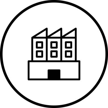 Fabrika binasını tasvir eden, sanayi, üretim ve imalat faaliyetlerini simgeleyen minimalist siyah beyaz bir simge..
