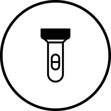 Bir daire içinde basit siyah ve beyaz el feneri simgesi, minimalist tasarım içinde aydınlatma, rehberlik veya acil durum araçlarını temsil etmek için idealdir..