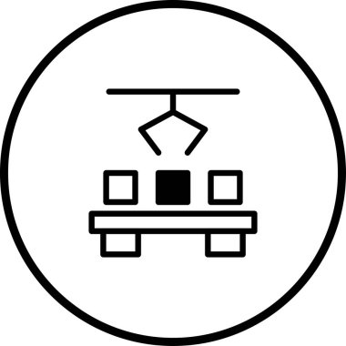 Otomasyon sürecini temsil eden minimalist bir ikon, taşıyıcı bantta bir kutuyu kaldıran robotik bir kol. Teknolojinin modern imalata entegrasyonunu sembolize eder.