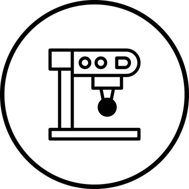 Bir minimalist vektör ikonu bir dairenin içindeki kahve makinesini tasvir eder. Bu temiz, modern tasarım kahve hazırlama ve ekipmanı sembolize ediyor..