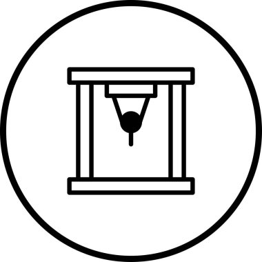 Çemberin içinde bir giyotinin simgesi, idam cezasını, tarihsel infazları ve adaleti simgeliyor, siyah-beyaz minimalist bir şekilde tasvir edilmiş..