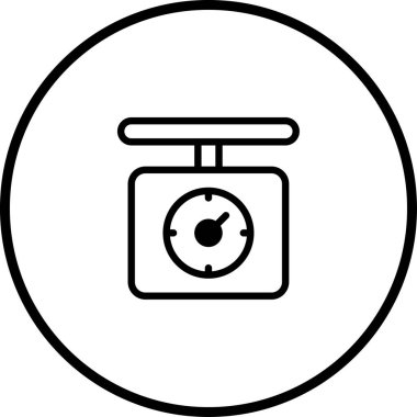 Bir dairenin içindeki bir denge ölçeğinin minimalist siyah ve beyaz çizimi, ölçüm ve ağırlık ile ilgili simgeler, grafikler ve tasarım projeleri için idealdir..