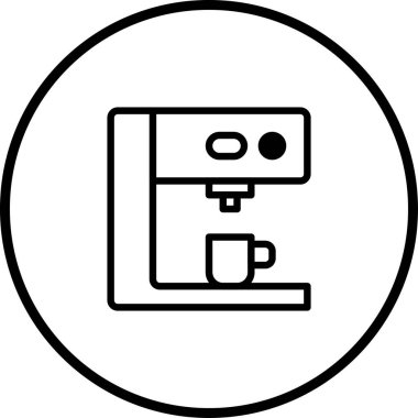 Çemberin içindeki bir kahve makinesinin minimalist taslak simgesi. Modern mutfak aletlerini, içecekleri ve kahve yapma eylemini temsil eder..