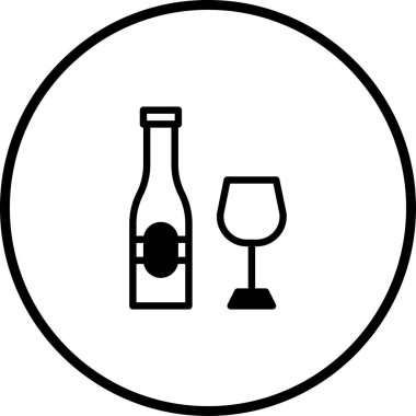 Yuvarlak çerçeveli, dijital tasarım ve markalaşma için mükemmel bir şarap şişesi ve cam tasvir eden minimalist bir siyah beyaz simge..