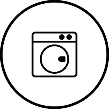 Ön yükleme makinesini tasvir eden minimalist bir simge, siyah bir çemberin içinde. Çamaşır hizmetleri, ev aletleri ve ev temizliği için mükemmel..