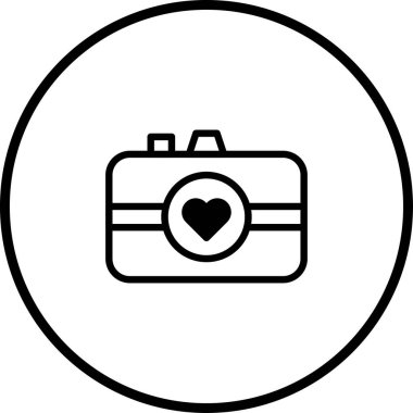 Merkezinde bir kalp sembolü olan fotoğraf ve tasarım projeleri için mükemmel bir daire içinde çevrili basit, siyah ve beyaz bir ikon..