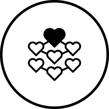 Aşkı, ilişkileri ve sosyal bağlantıları minimalist bir dizaynda sembolize eden, kalpler ağını gösteren basit bir grafik simgesi.