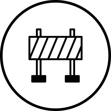 Yol bariyeri simgesinin siyah beyaz çizgisi çizimi. İnşaat, trafik kontrolü veya engellenmiş bir yolu temsil eder.