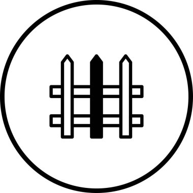 Çemberin içinde basit siyah-beyaz çit simgesi, güvenlik, sınır veya mülkiyet çizimi için ideal, temiz, minimalist tarzda..