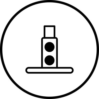 Bir minimalist simge illüstrasyonu dairesel çerçeve içinde kapalı bir trafik ışığı sistemi tasvir eder, yönlendirme ve düzenlemeleri iletir.