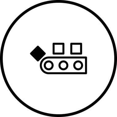 Kutuları taşıyan bir taşıma bandı sistemini temsil eden minimalist bir simge. Dairesel çerçeve içinde otomasyon, endüstri ve verimli süreçleri sembolize eder..