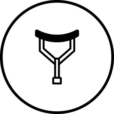 Basit bir siyah-beyaz illüstrasyon, bir çember içinde tek bir koltuk değneği içeriyor, bu da hareket yardımını ve sağlıkla ilgili desteği temsil ediyor.