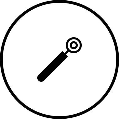 İnceleme için kullanılan bir diş aynasının siyah beyaz çizimi. Alet dişçiler ve ağız sağlığı uzmanları için tasarlandı.