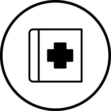 Kare çerçevenin içinde çapraz sembollü tıbbi rehber ikonu, daire şeklinde çevrili. Sağlık bilgileri, yardım ve tıbbi ihtiyaçlar için kaynaklar sunar.