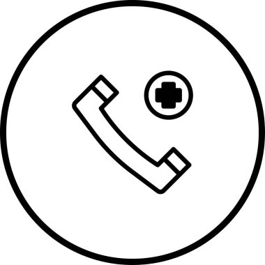 Tıbbi haçın yanında telefon ahizesi tasvir eden basit bir simge, telefon aracılığıyla acil sağlık hizmetlerini temsil ediyor..