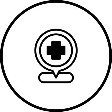 Konuşma balonunun içinde haç olan tıbbi konum ikonu. Belirli bir alanda bulunan sağlık hizmetleri, acil yardım ve sağlık merkezlerini temsil eder..