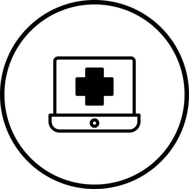 Medikal haç ile dizüstü bilgisayarı tasvir eden minimalist bir simge, çevrimiçi sağlık hizmetlerini ve dijital tıbbi çözümleri temsil etmek için ideal