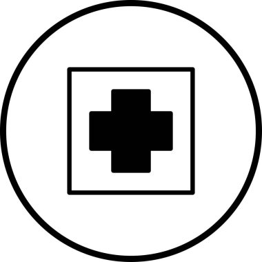 Sağlık hizmetlerini temsil eden basit bir tıbbi haç sembolü bir çember sembolüne iliştirilmiş. Tıbbi uygulamalar ve kurumlar için vektör logosu.
