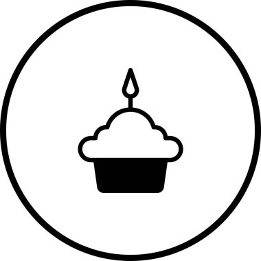 Minimalist bir ikon, içinde mum yanan bir kek var. Doğum günleri, kutlamalar, tatlılar ve partilerle ilgili tasarımlar için mükemmel..