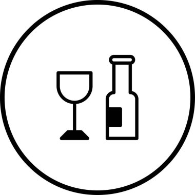 Şarap şişesi ve kadehten oluşan minimalist bir ikon. İçki ve kutlamalarla ilgili mönüler, markalar veya tasarım projeleri için mükemmel..