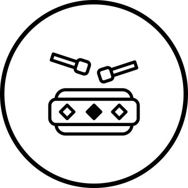 Müzik temalı tasarımlar, logolar veya eğitici malzemeler için ideal, bir dairenin içinde davul ve but çizgileri barındıran minimalist bir çizgi çizimi..