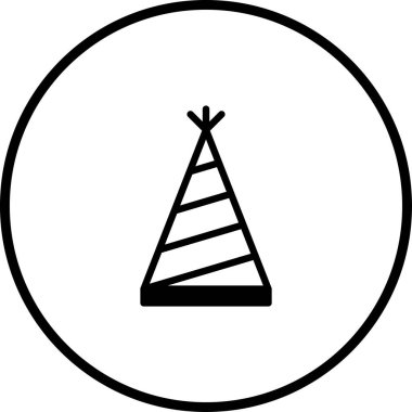 Çemberin içinde parti şapkası olan minimalist siyah beyaz bir ikon. Festival veya kutlama temaları için basit ve temiz tasarım ideali.