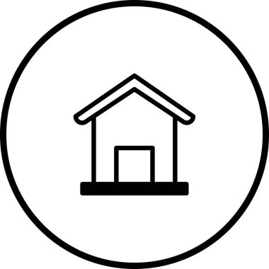 Ağ veya uygulama arayüzü tasarımı için uygun dairesel bir çerçeveye yerleştirilmiş bir ev simgesinin basit ve temiz bir çizgi çizimi.