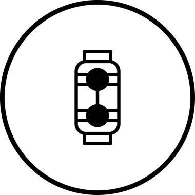 Siyah-beyaz minimalist bir simge, çemberin içinde bağlı bir aygıt barındırır. Teknoloji, tasarım veya iletişim temaları için mükemmel.