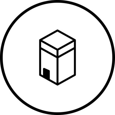 Bir minimalist simge siyah bir çemberin içinde basit bir kutu taslağı gösterir. Teslimat, depolama veya ambalaj kavramları için ideal.