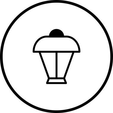 Dairesel çerçeve içindeki bir sokak lambası simgesinin basit, stilize edilmiş bir vektör çizimi, beyaz arkaplan üzerinde siyah bir ana hatla çizilmiş.
