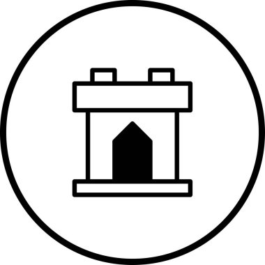 Siyah bir daire içindeki şömine ikonunun minimalist bir çizimi, iç tasarımı veya ev konforunu sembolize etmek için mükemmeldir..