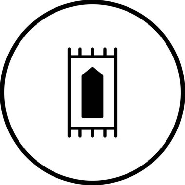 Minimalist bir illüstrasyon, çember içinde İslam geleneği ve inancını sembolize eden bir dua halısı tasvir eder. Dini, kültürel ve tasarımla ilgili projeler için mükemmel.