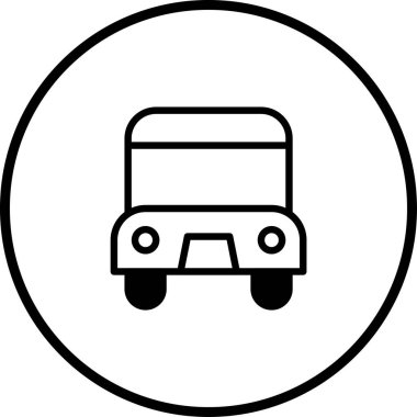 Ulaşım uygulamalarında, seyahat rehberlerinde veya genel tasarım projelerinde kullanılmak üzere daire şeklinde çevrelenmiş bir minimalist siyah beyaz otobüs simgesi.