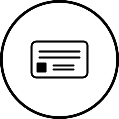 Minimalist bir simgede daire içinde bir kartvizit bulunur. Temiz tasarım, çeşitli iş uygulamaları için profesyonellik, iletişim bilgileri ve kurumsal kimliği temsil etmektedir..