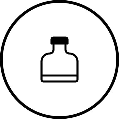 Dairesel çerçeve içinde bir şişe şeklindeki minimalist siyah beyaz ikon. Tasarımlar için ideal basit, temiz ve tanınabilir bir görsel.