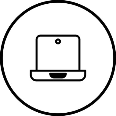 Çember içinde bir dizüstü bilgisayar simgesinin minimalist tasarımı, teknolojiyi, bağlantıyı ve modern cihazları temsil ediyor. Web siteleri, uygulamalar ve grafikler için harika.